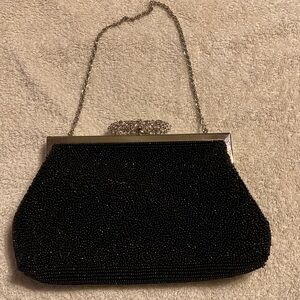 Chic Black Beaded La Regale Clutch with Silver Chain